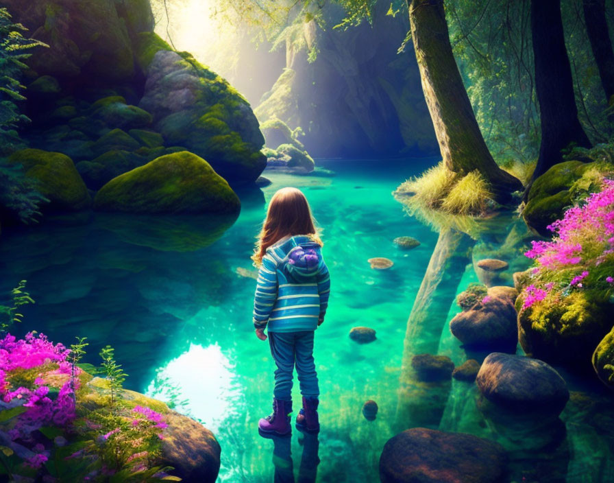 Child by serene blue pond with rocks and purple flowers in lush green forest.