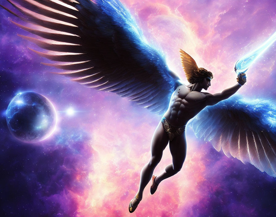 Angel with large wings holding bright orb in cosmic scene