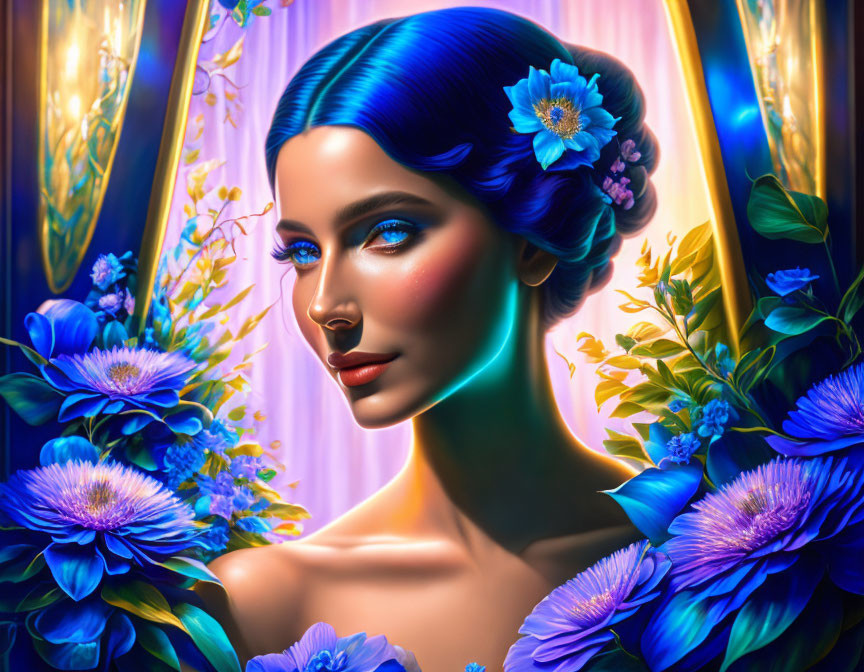 Stylized portrait of a woman with blue flowers and neon contours