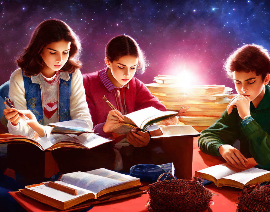 Children studying with books under cosmic starry sky