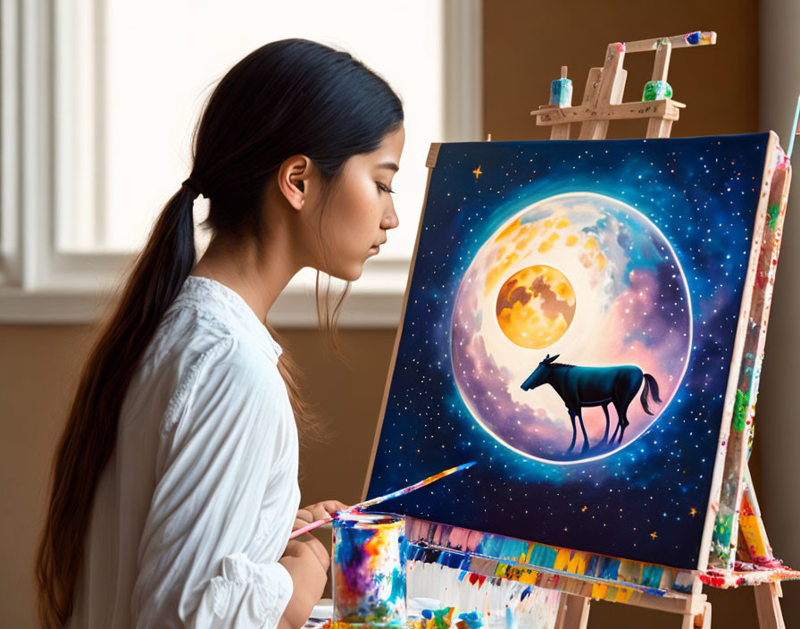 Woman painting cosmic scene with full moon and wolf silhouette on canvas