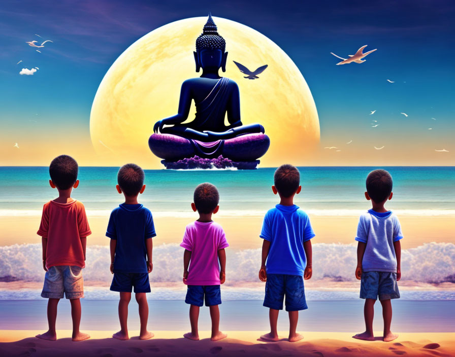 Children on beach observe meditating Buddha under full moon.