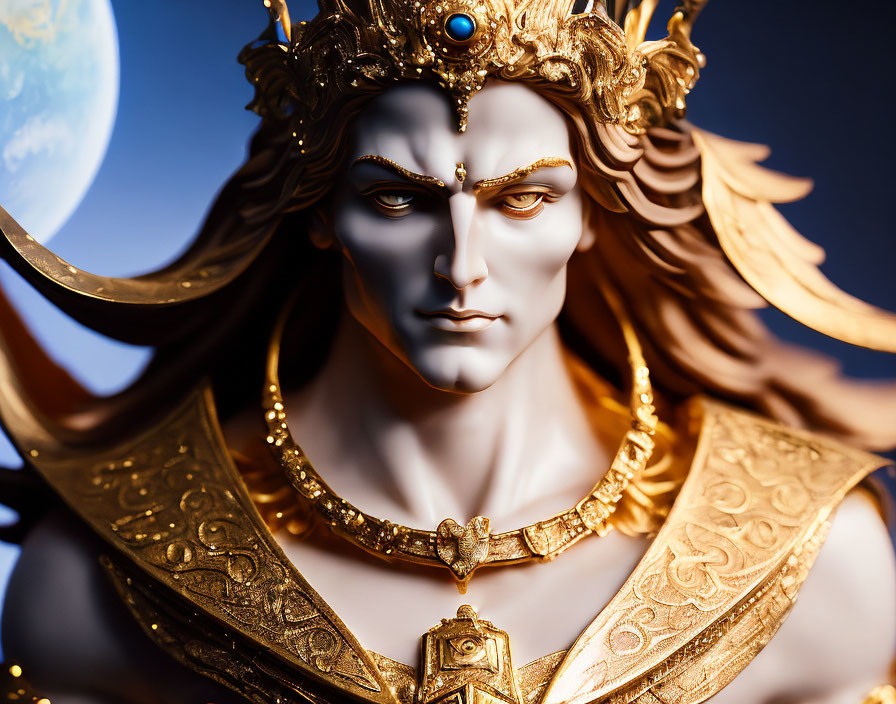 Detailed Golden Armored Figurine with Crown and Moon Background