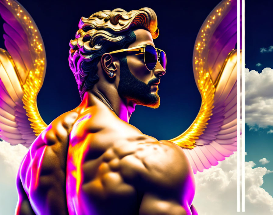 Muscular man with golden wings and sunglasses against sky background