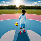 Young boy in soccer gear on colorful field watching game at sunset.