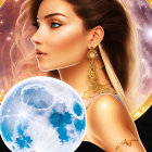 Digital artwork of woman with golden jewelry and celestial background