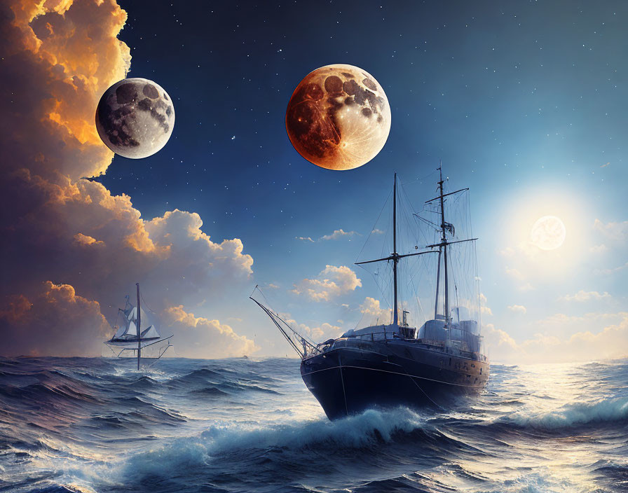 Fantastical ocean scene with ships, two large moons, and dramatic clouds