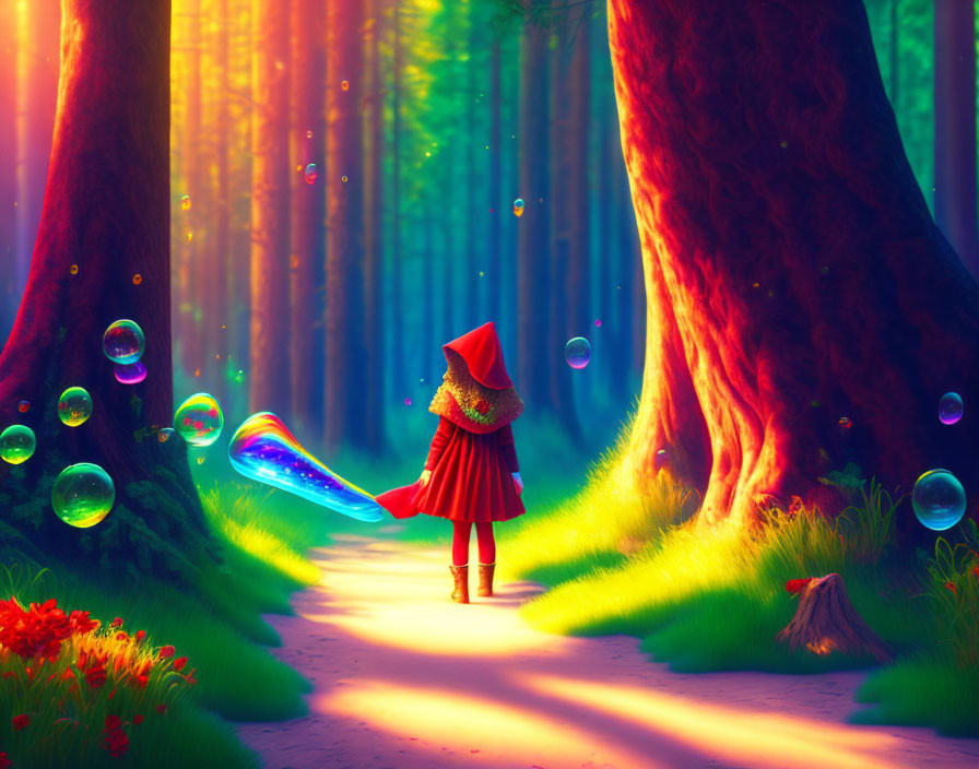 Child in Red Hood Creates Magic Bubbles in Vibrant Forest