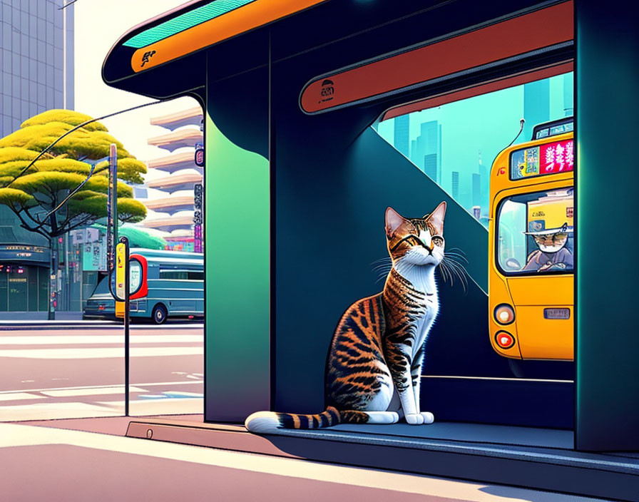 Tabby Cat at Futuristic Bus Stop with Colorful Cityscape and Yellow Bus Approaching