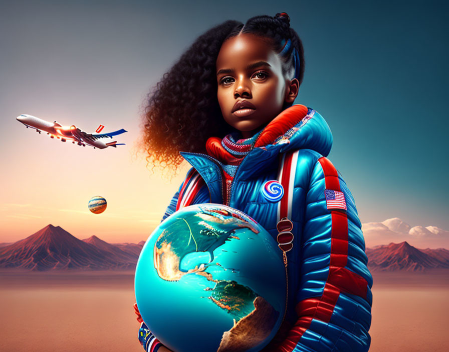 Young girl with stylized hair holding globe in surreal backdrop.