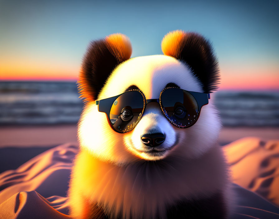 Illustrated Panda-Like Dog in Sunglasses on Beach at Sunset
