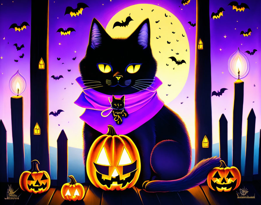 Stylized black cat with yellow eyes in purple cape with Halloween decor under full moon