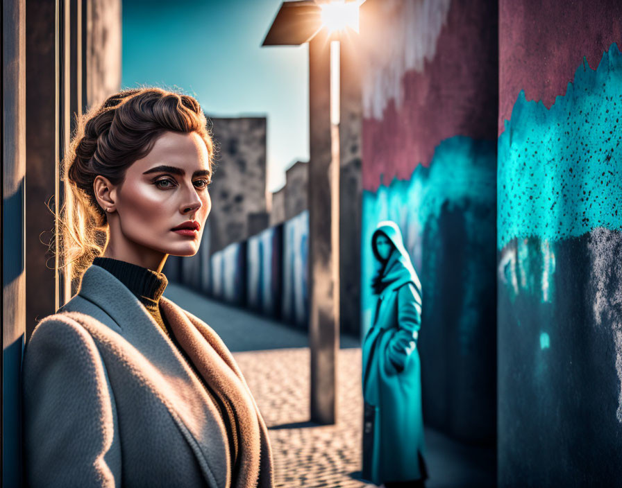 Stylized photo featuring elegant woman and mysterious figure in urban setting