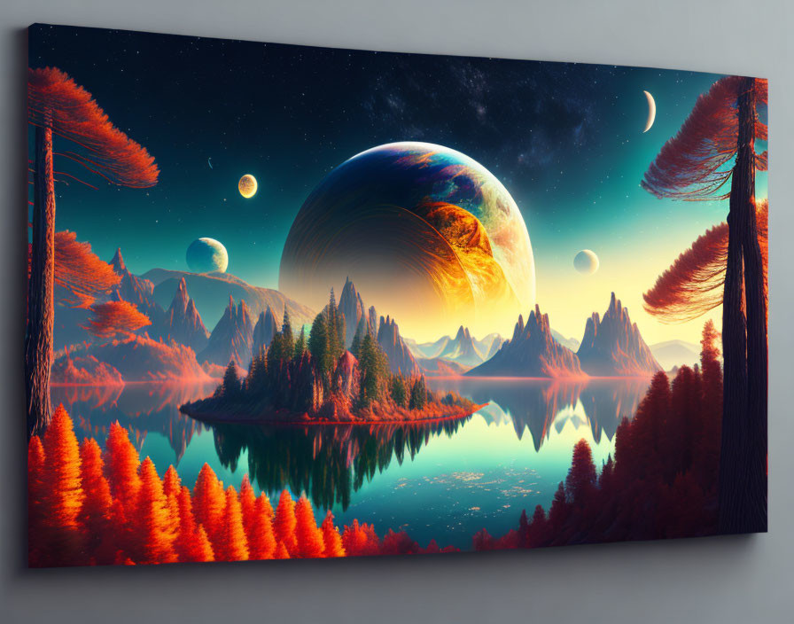 Digital artwork: Tranquil lake, autumn forest, mountains, colossal planets, moons in starry night