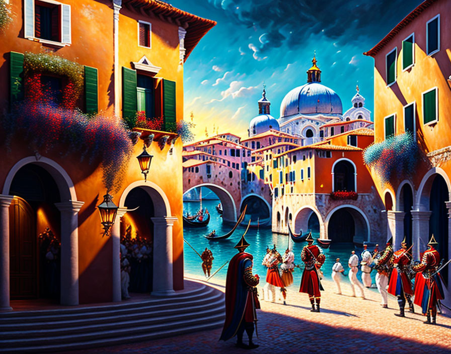 Vibrant Venetian Scene: Historical architecture, gondolas, and colorful figures at dusk