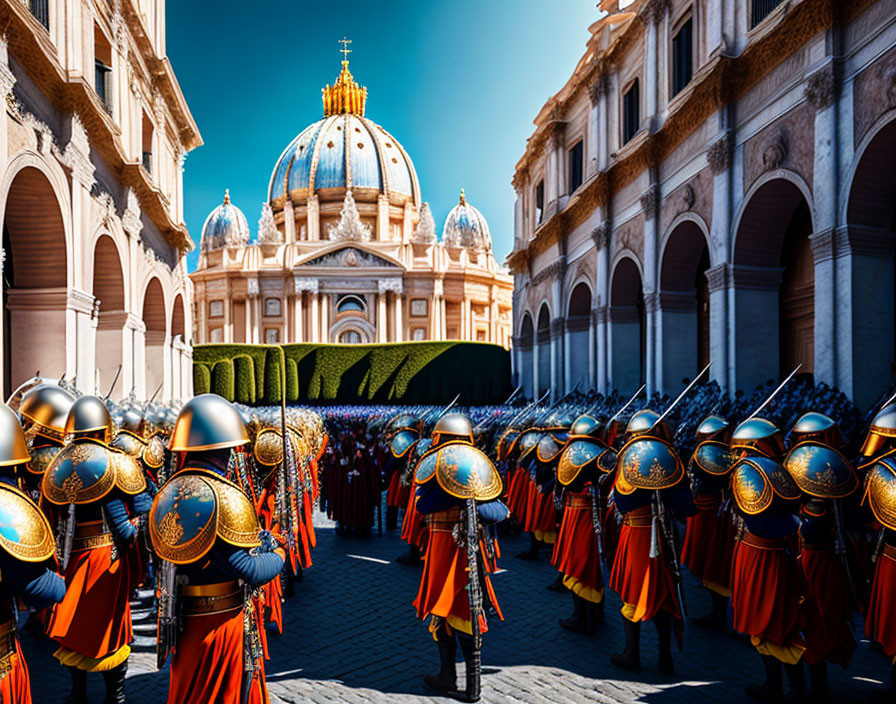 Ceremonial guards in uniform with helmets and pikes at historic cathedral