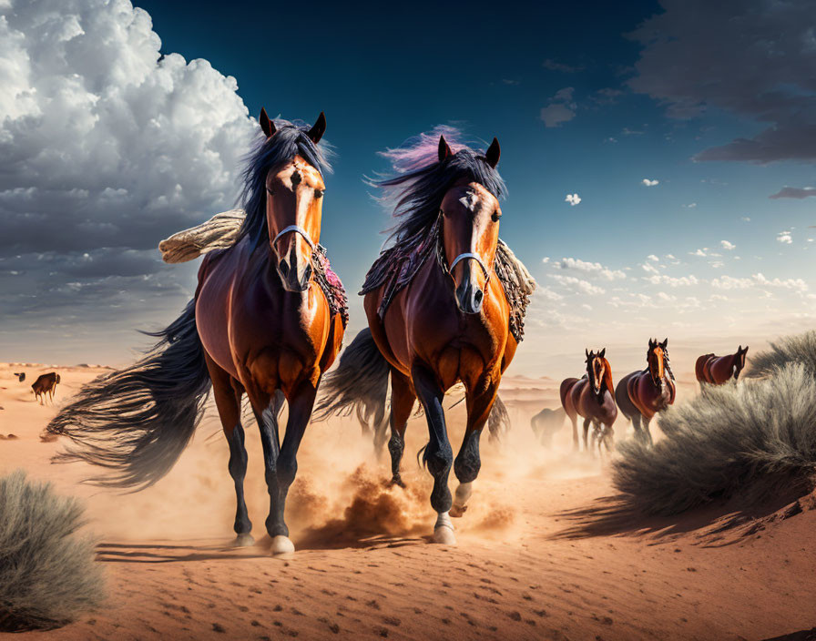 Herd of horses galloping in desert landscape with dynamic clouds