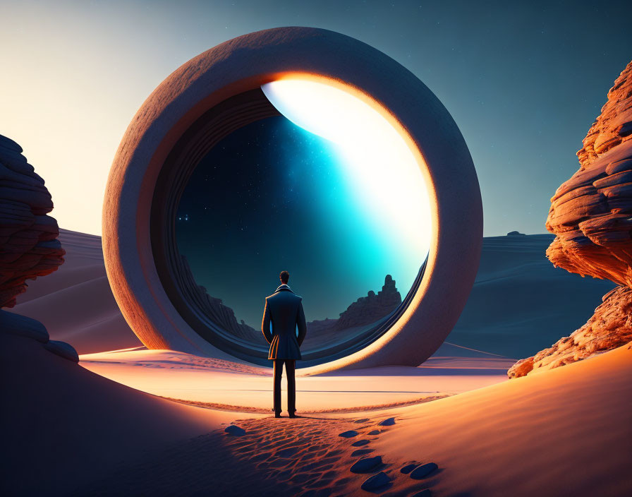 Person gazes through circular portal at starry sky and mountains at dusk or dawn