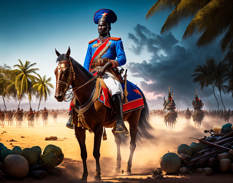 Person in Blue and Red Military Uniform Leading Mounted Soldiers with Cannons and Palm Trees at Dusk