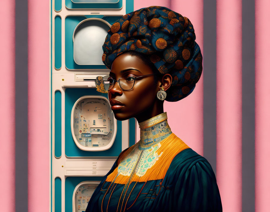 Digital art portrait of woman in headwrap and glasses with striped walls and washing machines