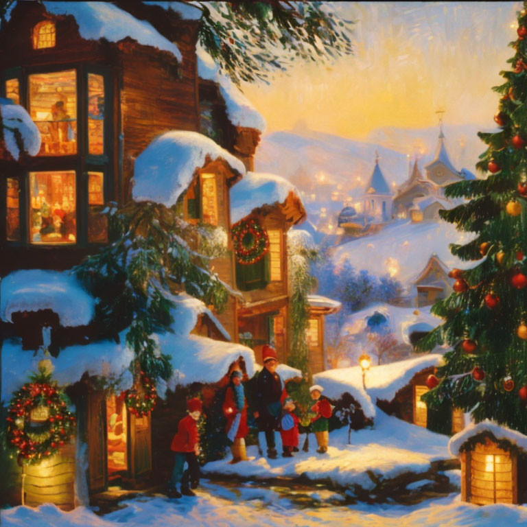 Snow-covered house with festive decorations and Santa in a winter village.