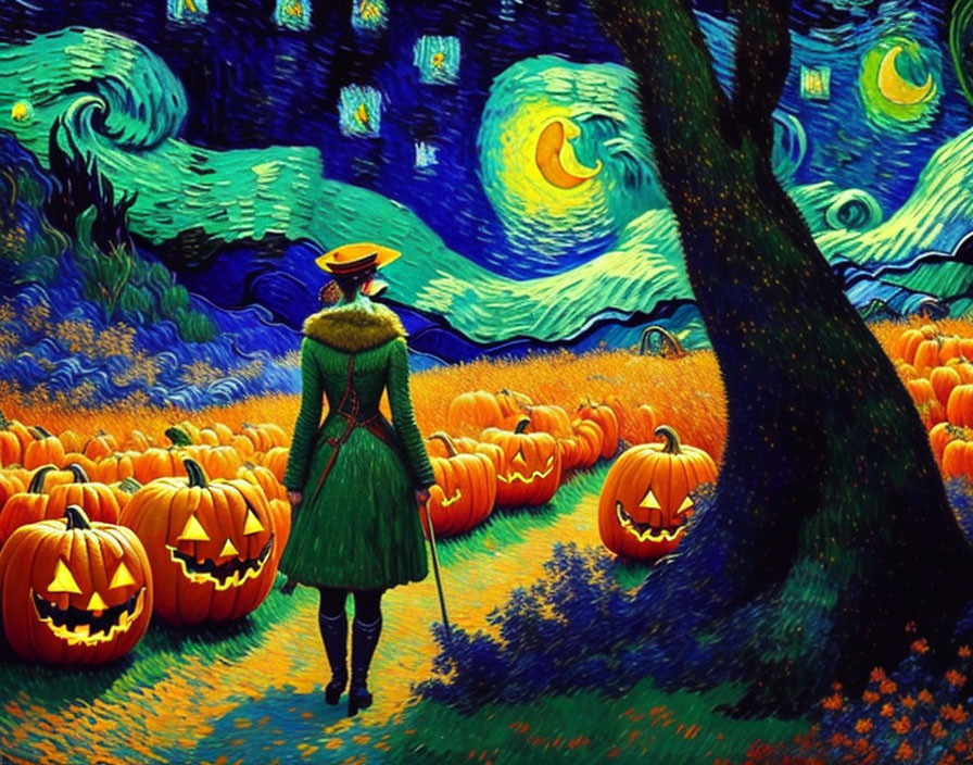 Person in green coat and orange hat in pumpkin patch at night with starry sky.