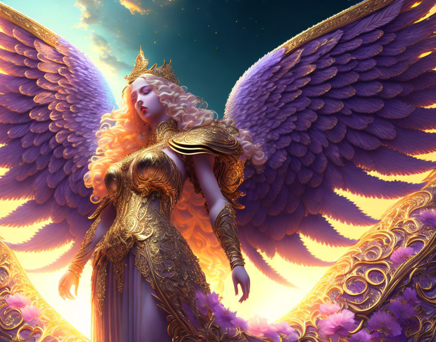 Majestic angel in golden armor with purple wings in colorful sky