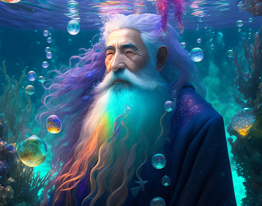 Bearded elderly man underwater with coral and bubbles