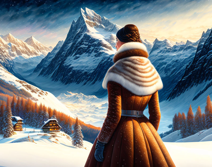 Woman in fur-trimmed coat admires snow-covered mountain village at twilight