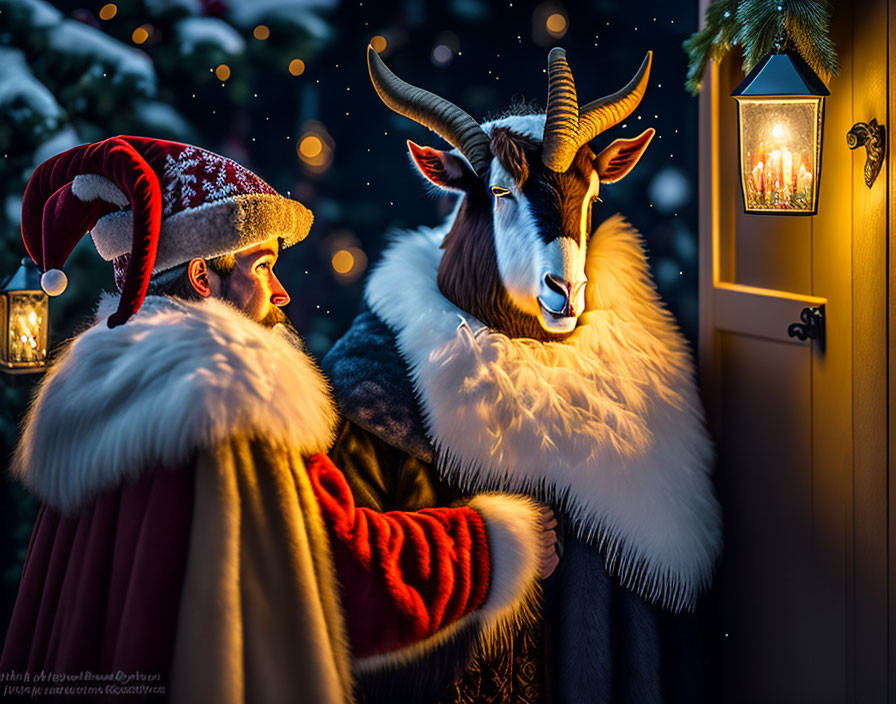 Santa hat person and goat in Christmas lights glow at night.