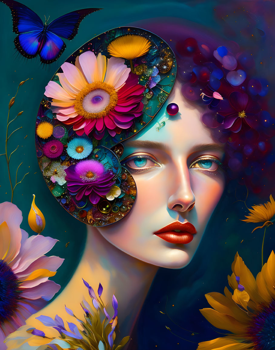 Vibrant woman surrounded by flowers and butterfly in surreal illustration