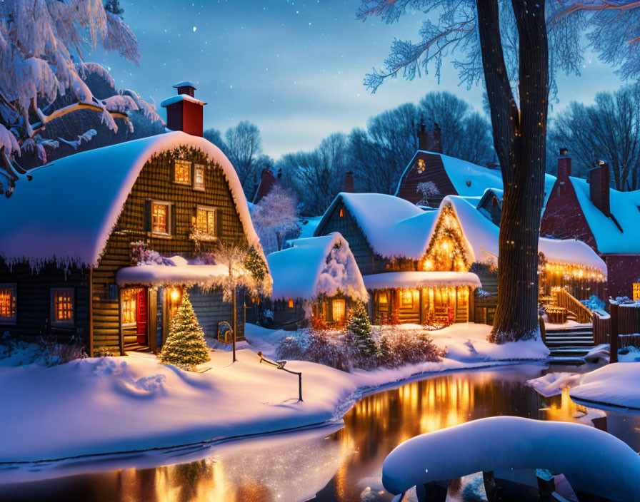 Winter scene: Snow-covered houses with glowing windows and Christmas decorations by frozen river at twilight