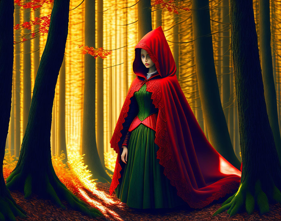 Red Cloaked Figure in Golden-lit Fantastical Forest