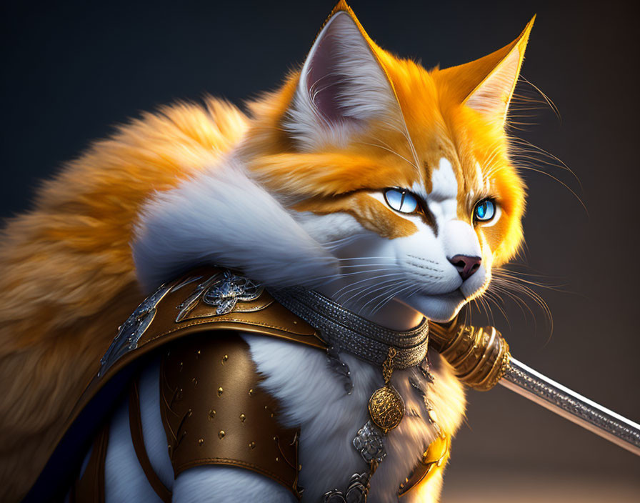 Anthropomorphic cat in ornate armor with sword