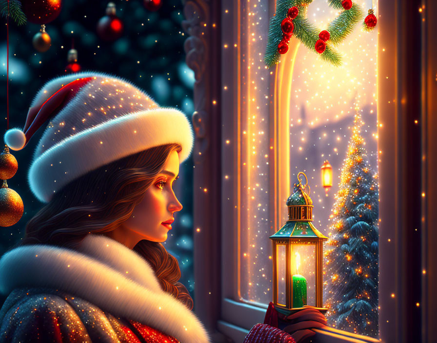 Woman in Santa Hat with Lantern by Festive Window & Snow