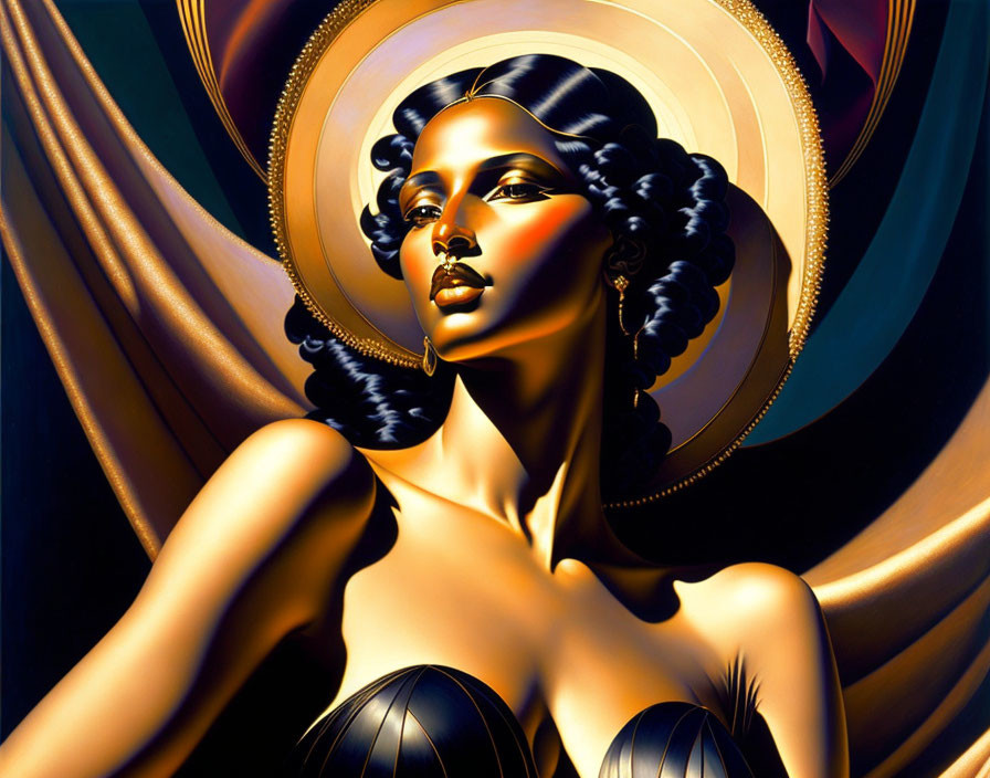 Stylized portrait of woman with dark hair and golden skin against art deco backdrop