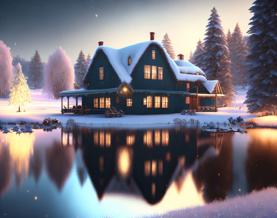 Snow-covered two-story house by calm lake at dusk