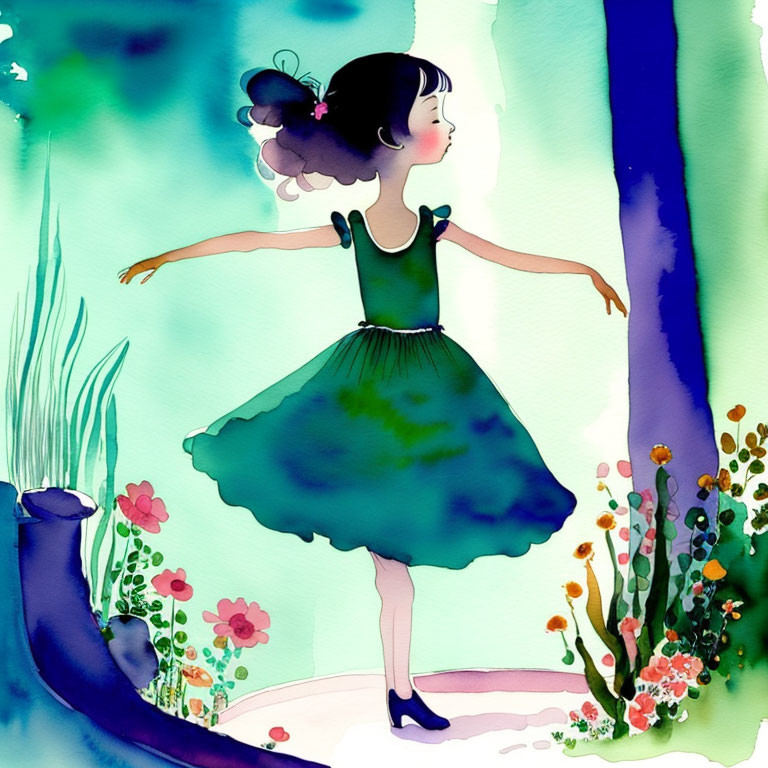 Young girl in green dress dances in whimsical watercolor forest.