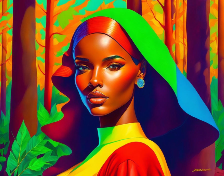 Vibrant illustration of woman with bold makeup and colorful headscarf in stylized forest.