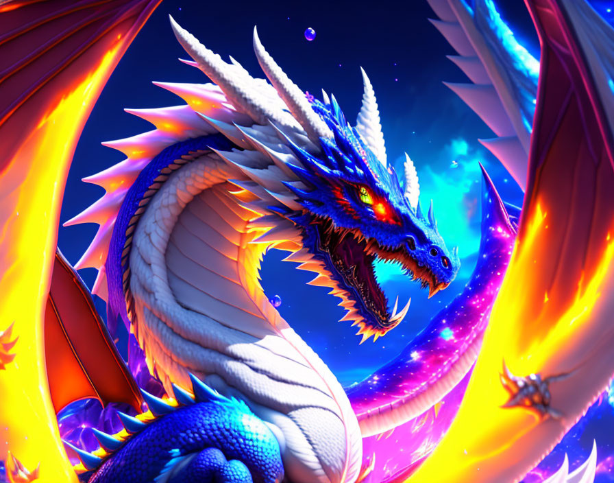 Blue and White Dragon Breathing Fire on Blue and Red Wings