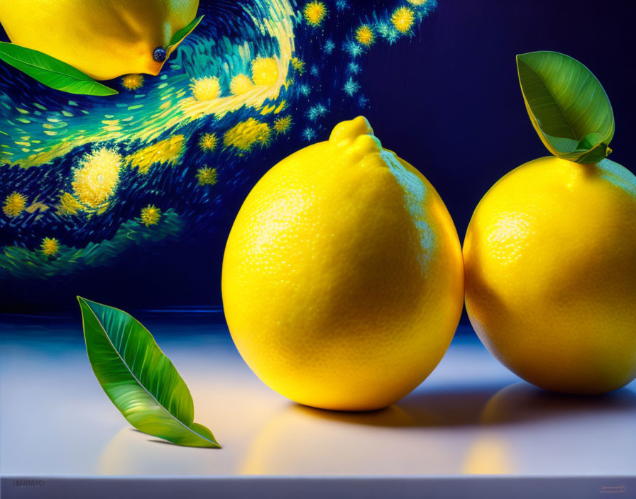 Vibrant yellow lemons on reflective surface with Starry Night background