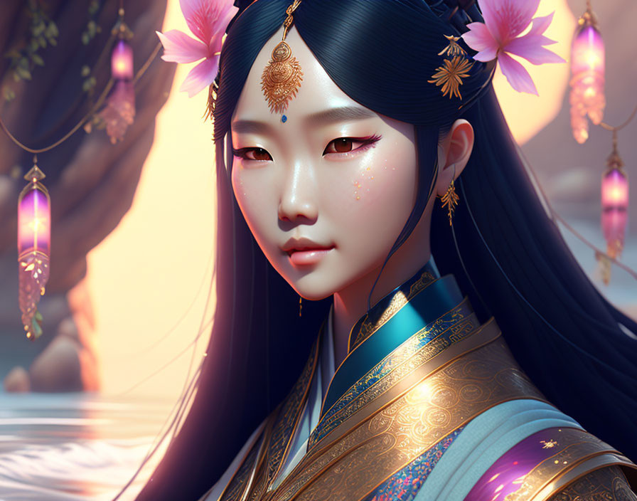 Illustrated portrait of elegant female figure in traditional Asian attire.