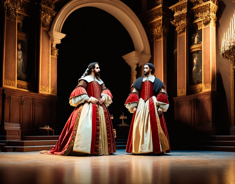 Renaissance actors on stage with arches and paintings