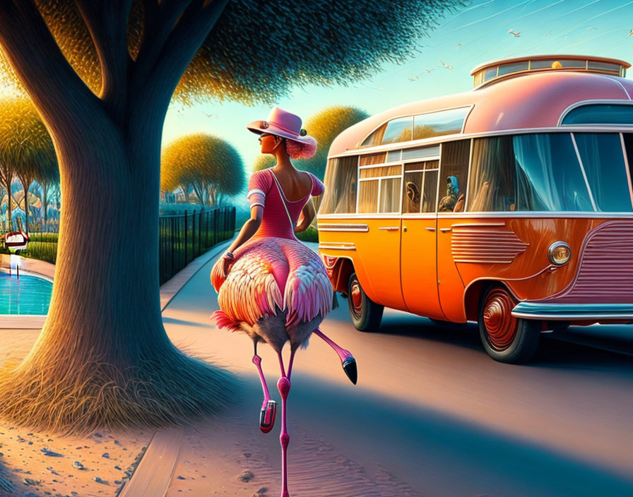 Surreal image: woman riding flamingo by vintage bus