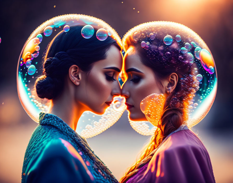 Two women surrounded by colorful cosmic bubbles on blurred background