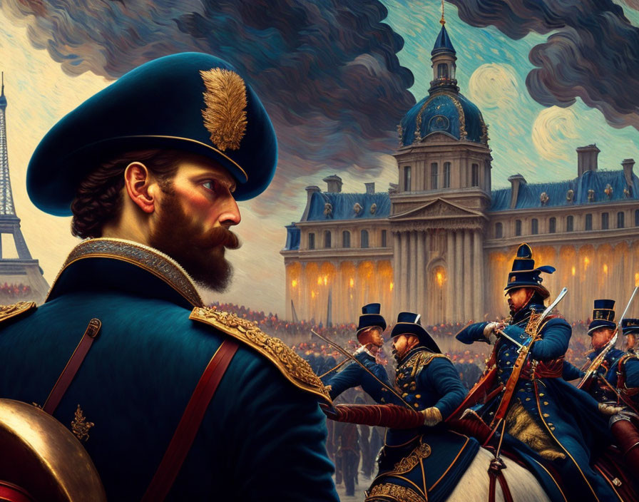 Military leader in regal blue uniform with troops and historic building in 19th-century European setting