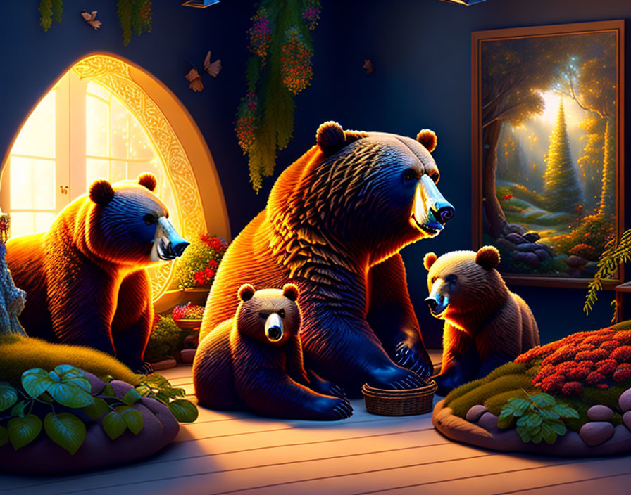 Family of Bears in Cozy Room with Glowing Forest Path