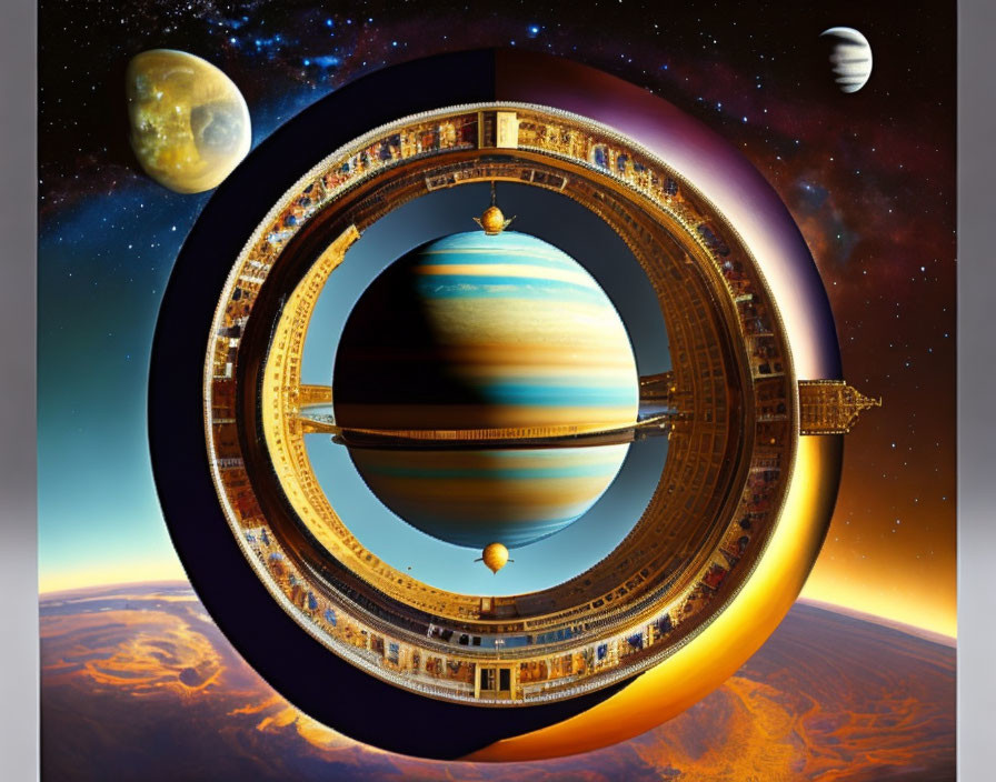 Fantastical space scene with planets and intricate ring structure