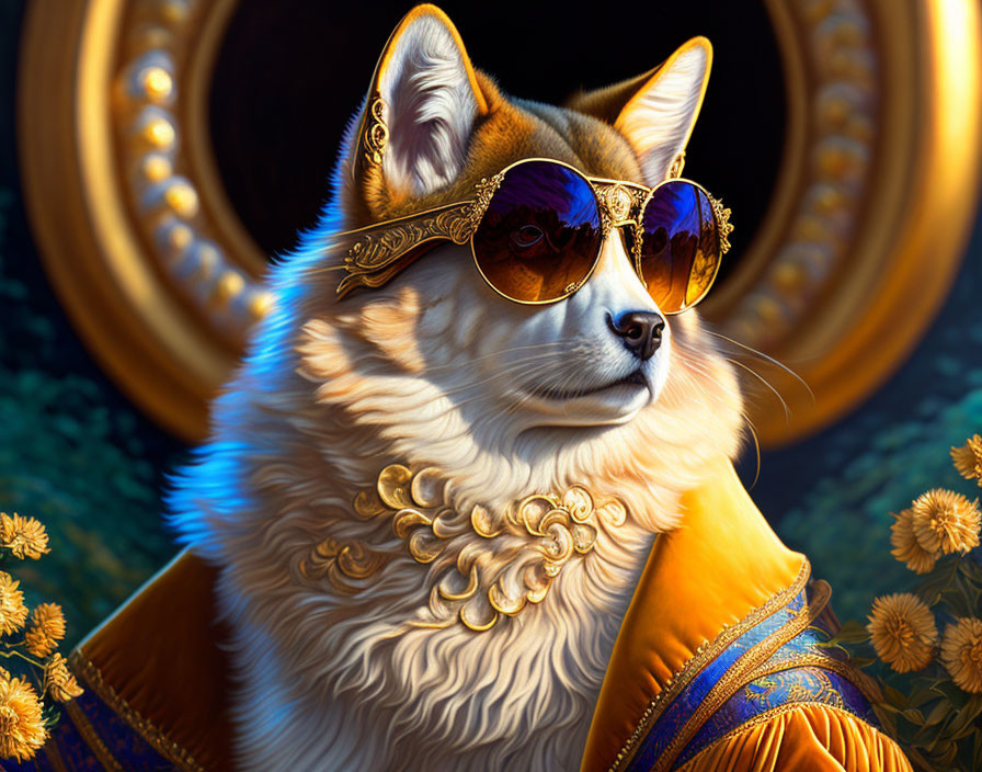 Majestic Corgi in Royal Attire with Golden Sunglasses