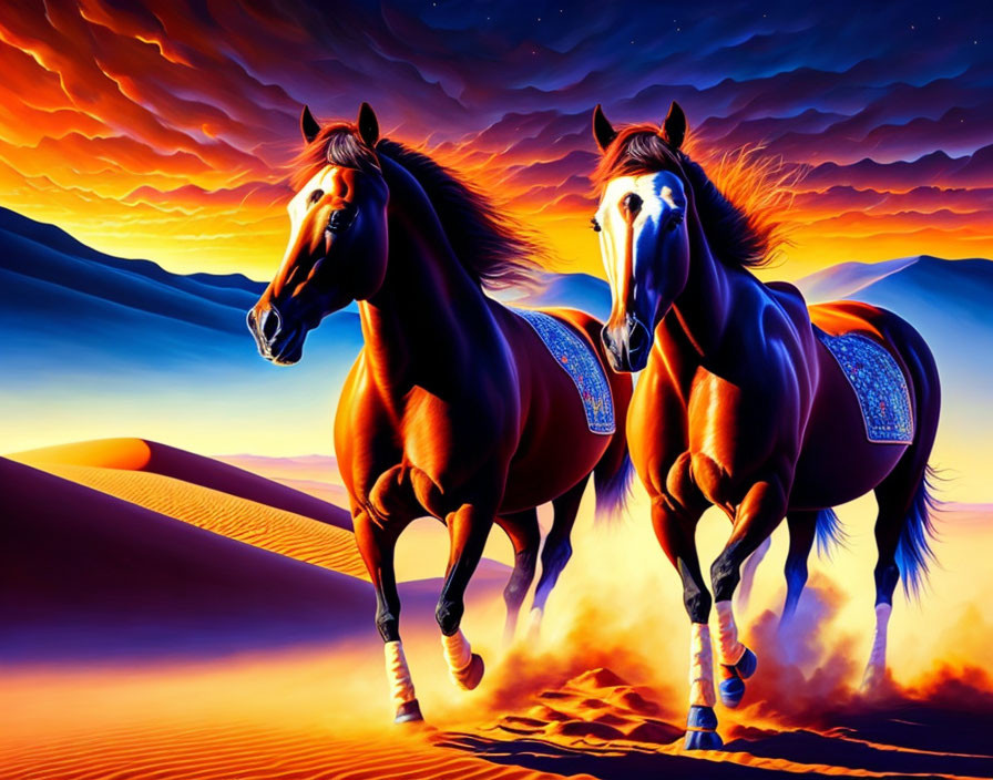 Majestic horses galloping in desert with vibrant orange clouds